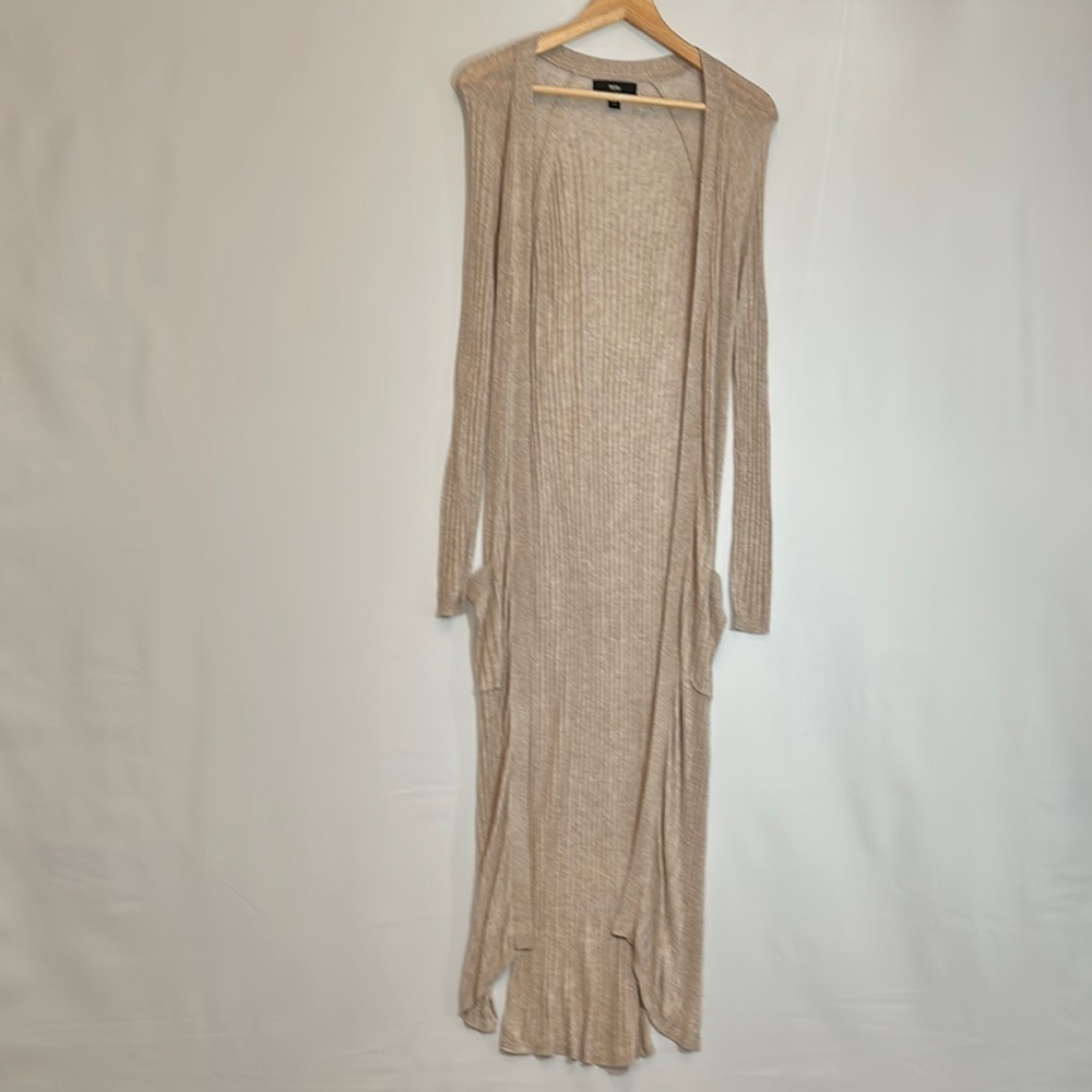 Waissio Womens Size M Long Beige Duster Cardigan Sweater Knit Pockets Side Slits